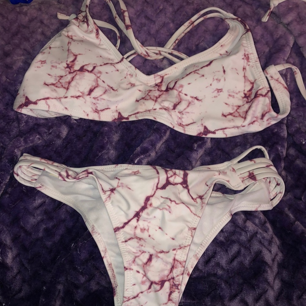 White and purple/red marble bikini